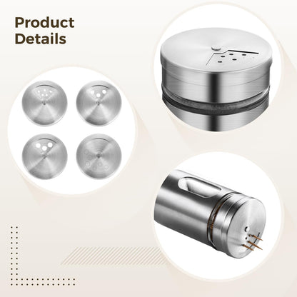 4 Pcs Salt and Pepper Shakers, Stainless Steel Kitchen Spice Dispensers with Adjustable Pour Holes, Clear Viewing Window, Mini Spice Jars for Salt, Pepper, Sugar, Cinnamon