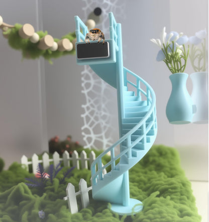 Okueejur 4pc Jumping Spider Enclosure Accessories Set – Fun Spinning Stairs and Vase with Flower,Spiders Net, Climbing Set with Magnetic Mount for Jumping Spider Enclosure Accessory Decoration (Blue)