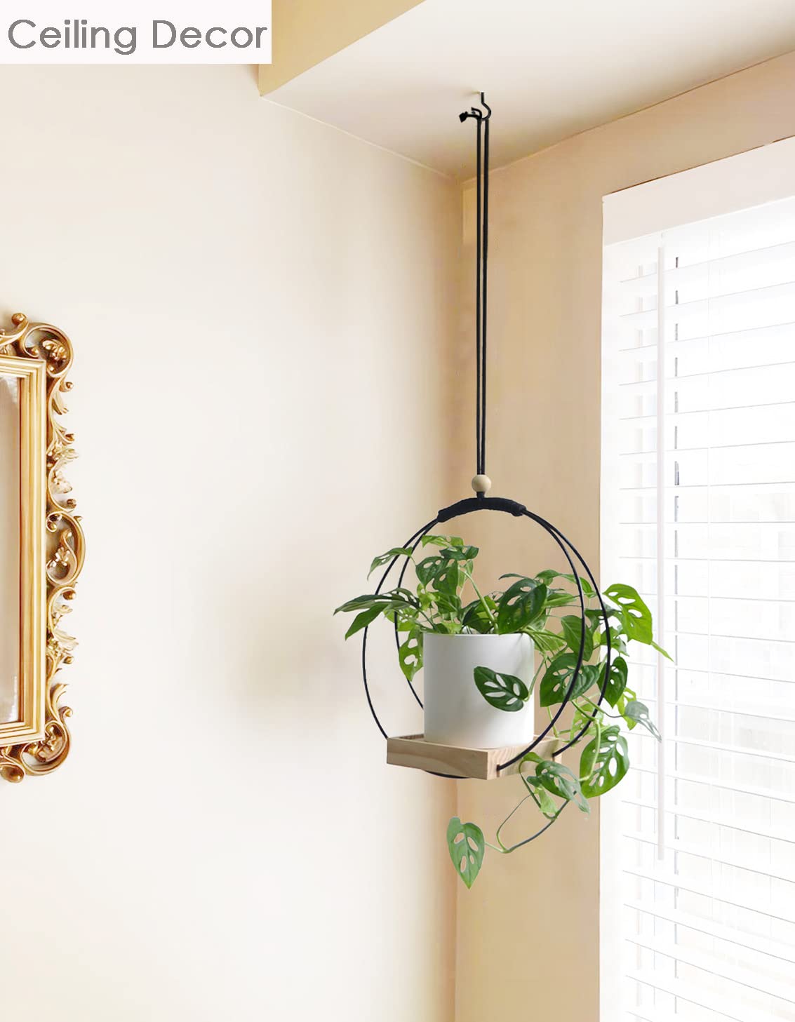 Dravmola Plant Hanger with Wood Base - Boho Macrame Hanging Plant Holder for Indoor Plants Hanging Planter for Wall /Window/Room Decor Black (Pot & Plant Not Included)