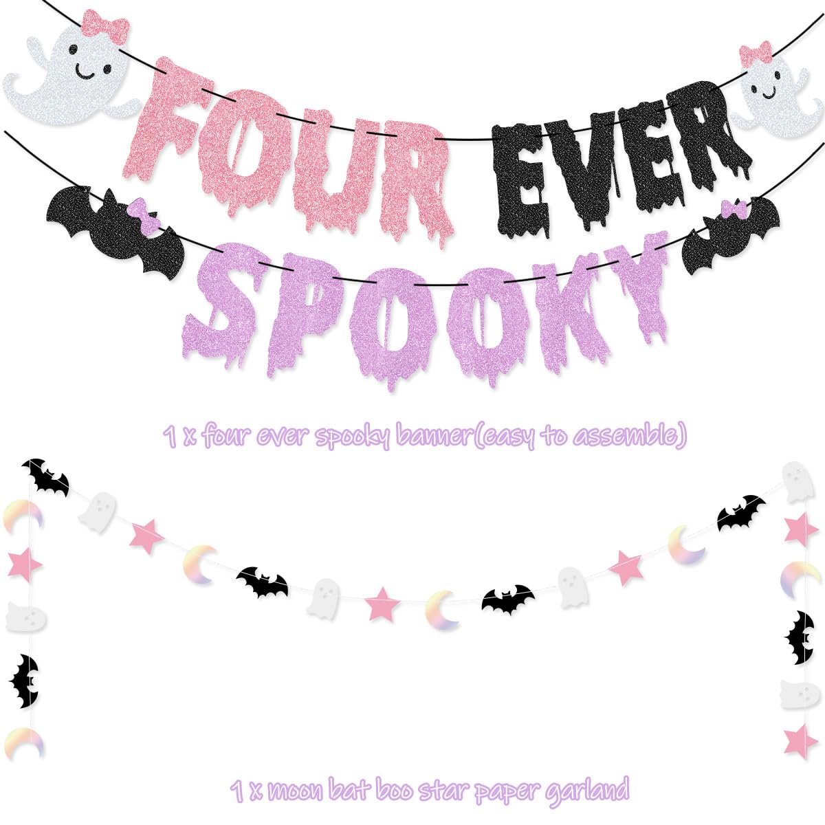 Four Ever Spooky Halloween Birthday Party Pack Four Ever Spooky Banner Cake Topper Ghost Bat Balloons for Girls' Pink and Purle Halloween 4th Birthday Party Decorations