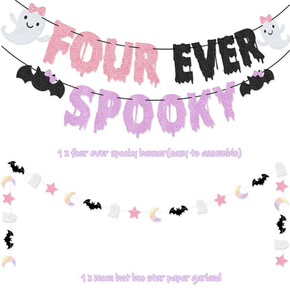 Four Ever Spooky Halloween Birthday Party Pack Four Ever Spooky Banner Cake Topper Ghost Bat Balloons for Girls' Pink and Purle Halloween 4th Birthday Party Decorations