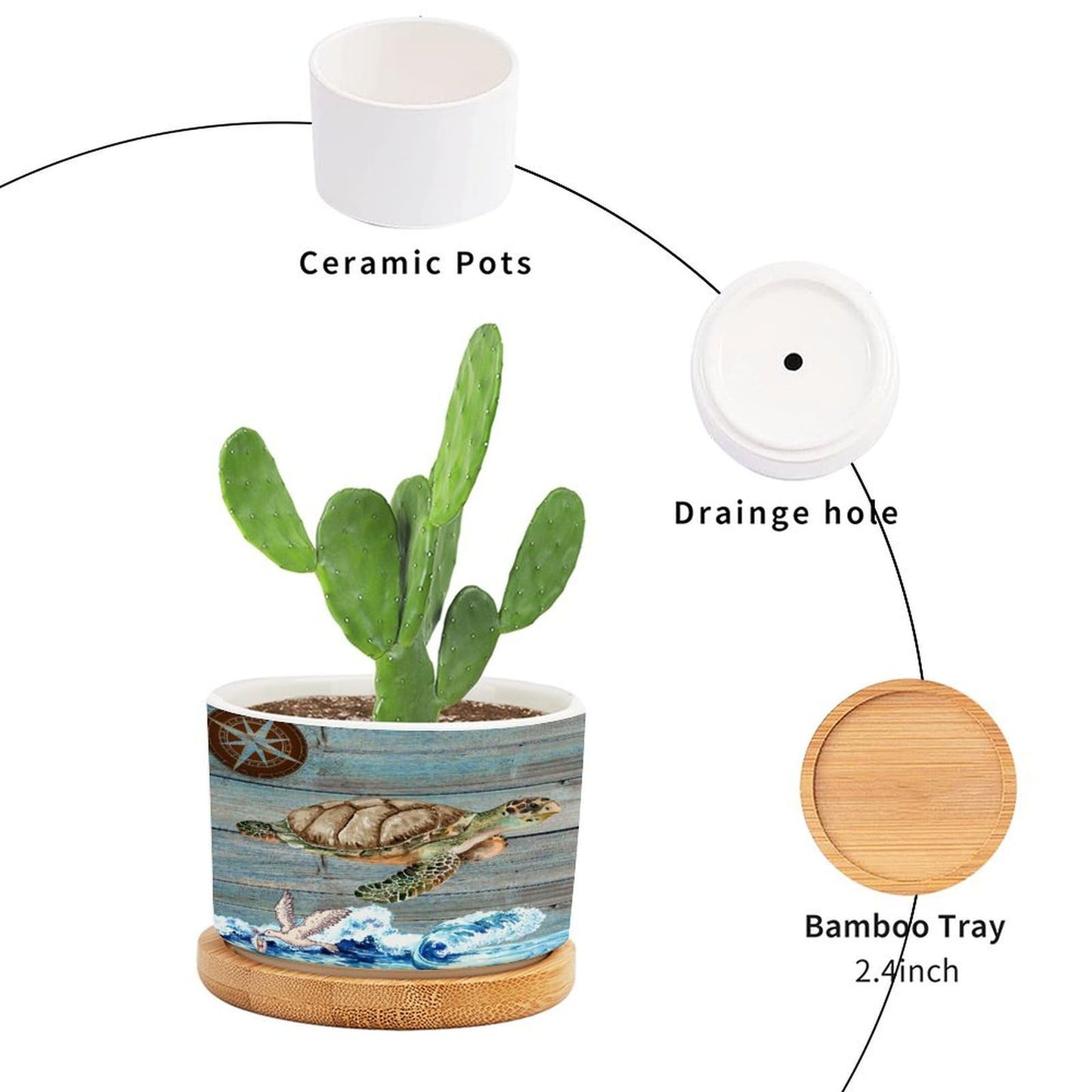 DreamAutumn Ocean Theme Sea Turtle Ceramic Pots for Plants with Drainage Holes Round Flower Pot Bamboo Tray Orchid Pot Succulents Pots for Outdoor Indoor Plants,Housewarming Gifts
