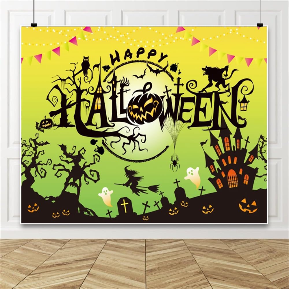Happy Halloween Backdrop 10x8ft Green Halloween Party Backdrop Haunted Castle Ghost Scary Graveyard Pumpkin Lantern Witch Photo Background Spooky Party Decoration Banner