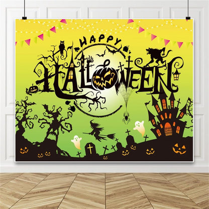 Happy Halloween Backdrop 10x8ft Green Halloween Party Backdrop Haunted Castle Ghost Scary Graveyard Pumpkin Lantern Witch Photo Background Spooky Party Decoration Banner