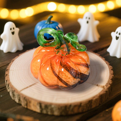 AOFEGRLT 3" Large Blown Glass Pumpkin Figurine Collectible Halloween Thanksgiving Glass Pumpkin Paperweight Fall Harvest Crystal Decorations for Home(Brown)