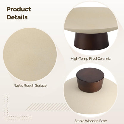 COSYOO Modern Ceramic Pedestal Fruit Bowl, High-Fired Stoneware Shallow Serving Bowl with Wooden Base, Elevated Decorative Fruit Tray for Kitchen Counter Entryway Table Dining Centerpiece