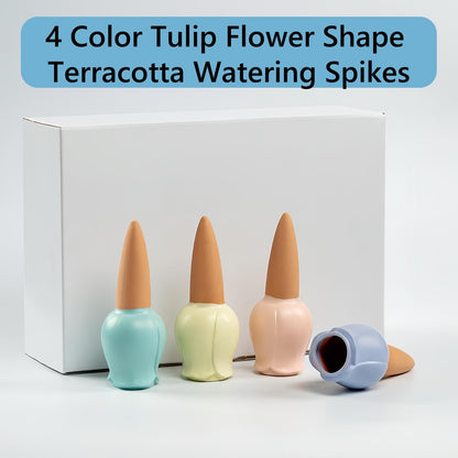 Qinsuikai 4 Pack Plant Watering Devices, Tulip Flower Shape Terracotta Watering Spikes, Vacation Self Watering Planter Insert, Terra Cotta Watering Spike for Indoor Outdoor Plants