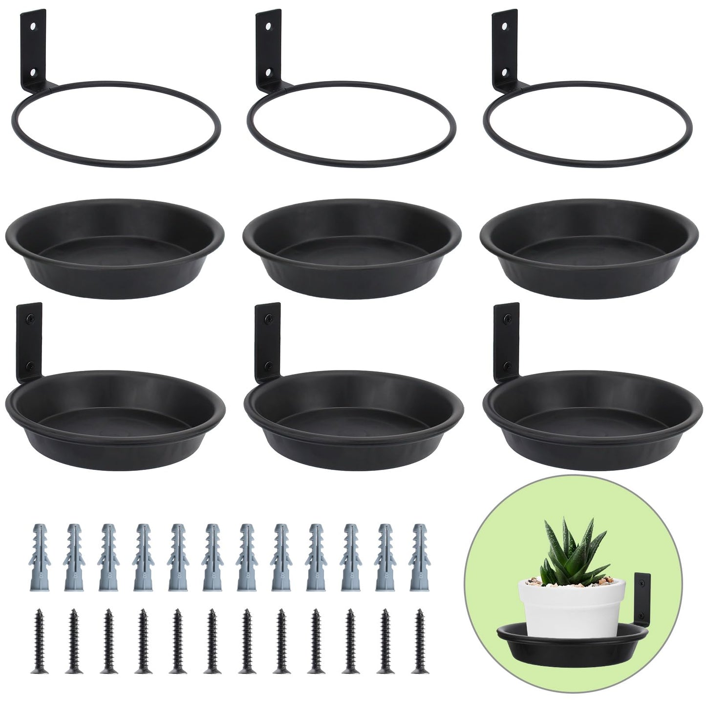 FAHAWEL 6 Inch Wall Mount Plant Holder with Saucer Trays, 6 Pack Heavy Duty Metal Flower Pot Holder Ring Plant Hanger for Wall Indoor, Ring Planter Bracket for Outside Outdoor Bird Feeder Bath