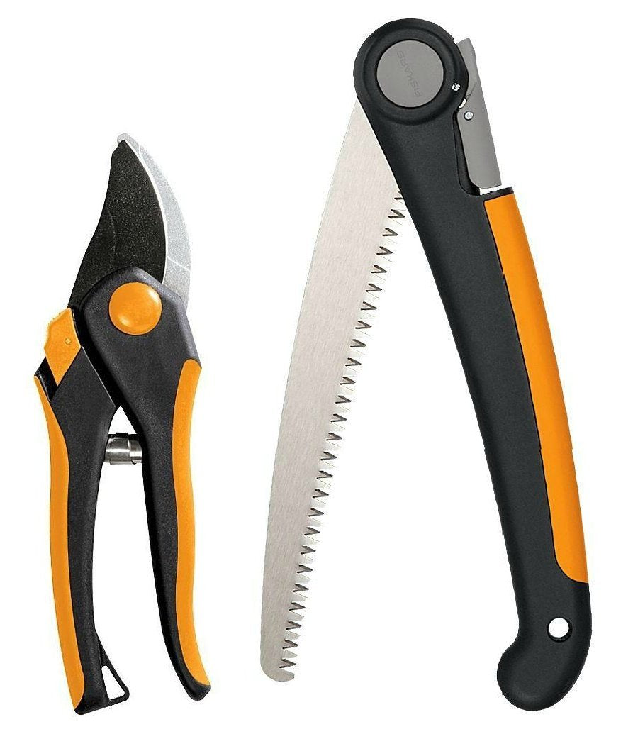 Fiskars Folding Saw & Pruner Set, Garden Clippers and Hand Saw Combo for Pruning & Cutting, Bypass Pruning Shears with Low-Friction Coated Steel Blade, Folding Saw with Power Tooth Triple Grind Blade