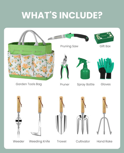 Gardening Tools - 10 Piece Heavy Duty Gardening Hand Tools Stainless Steel Garden Tools with Wooden Handle, Storage Garden Bag, Gardening Gifts for Women and Men