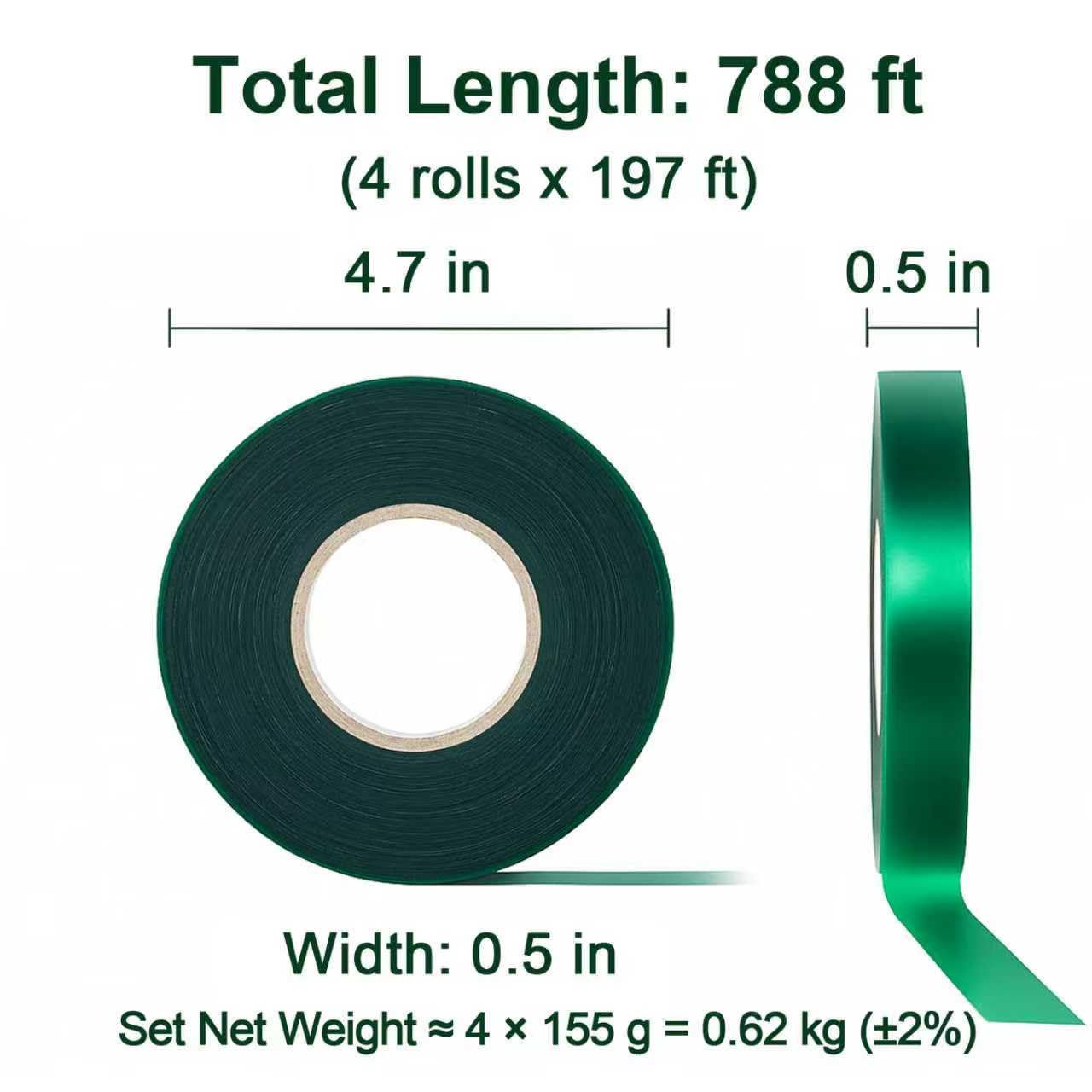 Plant Tie Tape – 4 Rolls (788 ft) Stretch Vinyl (PVC), 0.5" Wide, Non-Adhesive Garden Ties for Stems & Poles – Includes Mesh Bag & Binder Clip (788 ft)