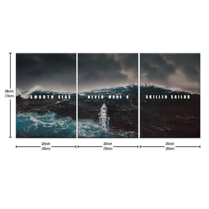 PSYYSP 3 Panel Canvas Prints Motivational Wall Art, Smooth Seas Never Made a Skilled Sailor Quote with Stormy Ocean Boat Scene for Living Room Office, Framed Canvas 60x28 Inch