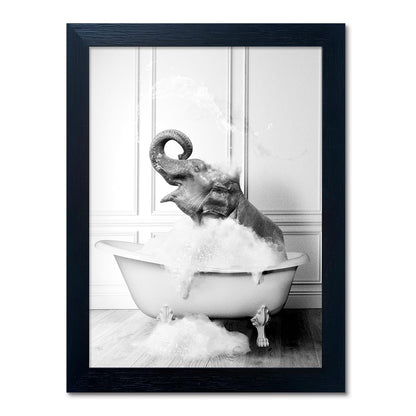 Framed Bathroom Decor Wall Art Elephant in Bathtub Pictures Wall Decor Funny Black and White Animal Canvas Print Artworks for Bathroom