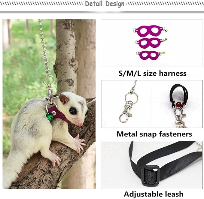 3 Pack Sugar Glider Harness and Leash Set - Adjustable Traction Rope Strap Anti-Biting Chain Rope, Small Animal Training Walking Vest Leash for Sugar Glider Squirrel Hamster Rat Birds Reptile (Brown)