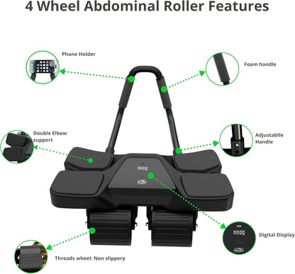 2025 New 4-Wheel Abdominal Roller with Elbow Support : Latest Upgraded High-Performance Exercise Machine With Automatic Rebound, Multi- layered Anti-Slip Design with Calorie Counting LCD Screen