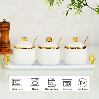 EABOSON 3 Pack Gold Condiment Spice Jars with Lids, Spoons, Tray - Ceramic Seasoning Box Set for Salt, Pepper, Sugar - Kitchen Storage