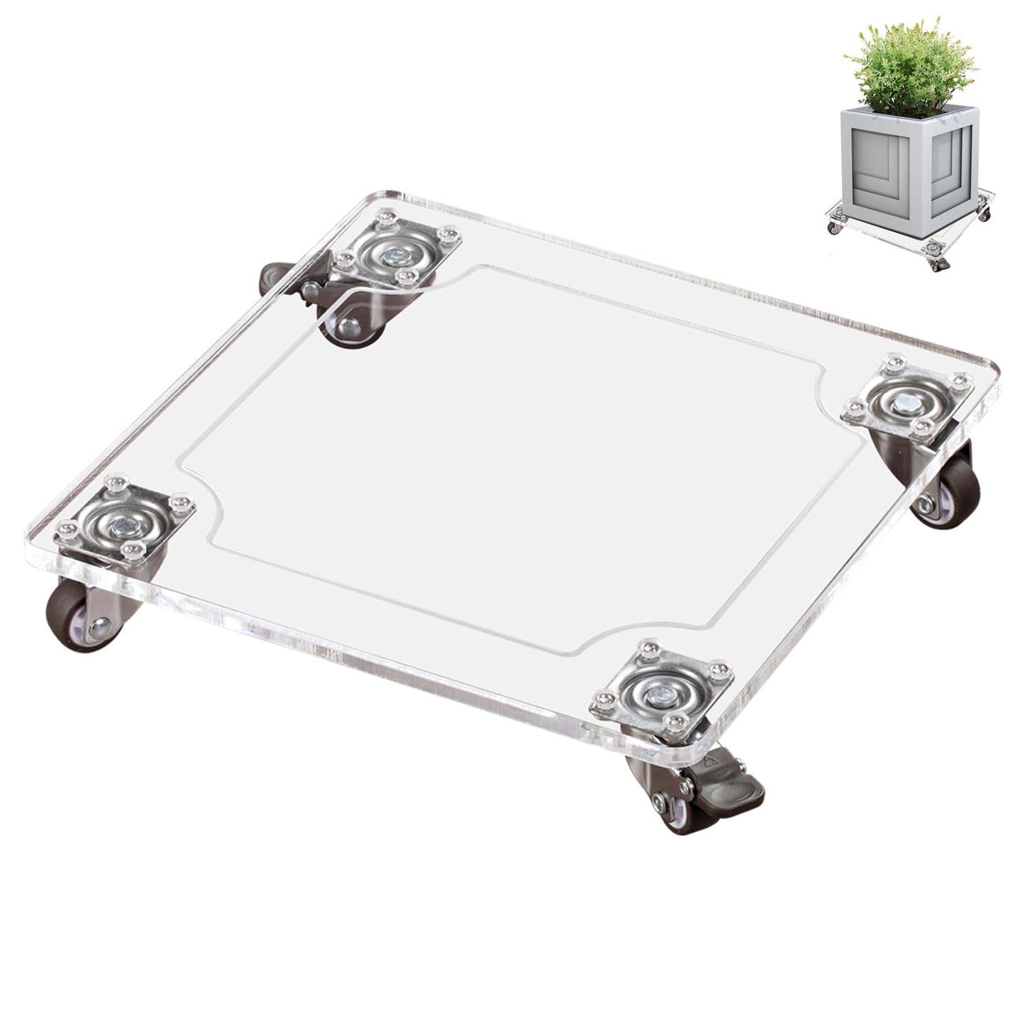 EMCOMS 1PC Transparent Clear Color Plant Caddy 10x10 inch Acrylic Heavy Duty Square Plant Stand with 2 Roller Lockable Caster Wheels,Indoor Outdoor Holds Up 150 Lbs Patio/Flower Pot/Dolly
