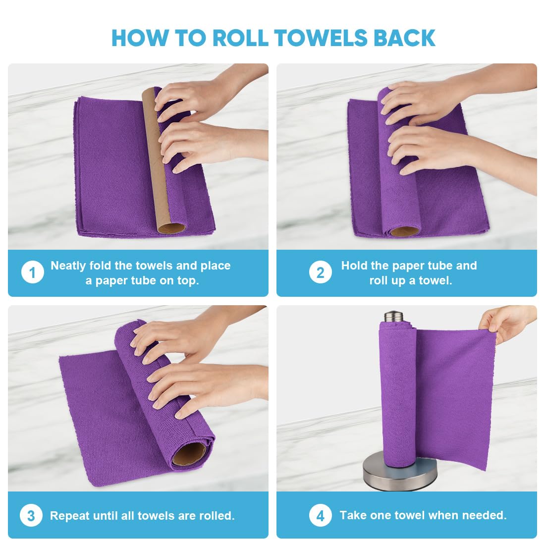 AIDEA Microfiber Cleaning Cloth Roll, 50PK, Reusable Paper Towels Tear Away Cloth, Microfiber Towels for Cars, Lint Free Cleaning Rags for House, Kitchen, Window, 11.5"×11.5", Purple