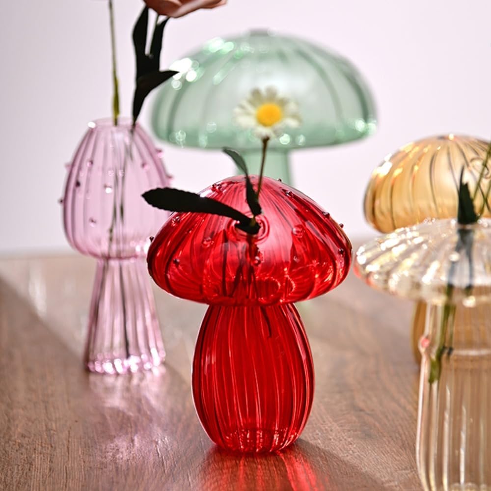 Glass Bud Vases,Cute Mushroom Vase Mini Terrarium Planter for Hydroponics Plants,Flower,Reed Diffuser,Table Centerpiece(A)