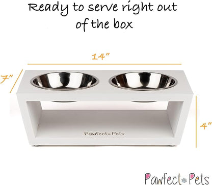 4" Tall Elevated Dog Bowls for Small Dogs and Cats. Raised Dog and Cat Food and Water Bowl Set by Pawfect Pets (White)