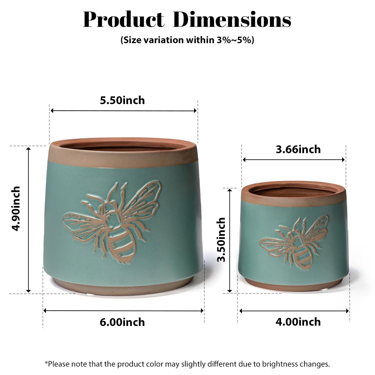 YBX Terracotta Pots with Drainage Holes, Bee Decor, Planter for Indoor Plants, Flower Pots Indoor Succulent, Herbs, Snake Plants (Turquoise, 6+4 Inch)