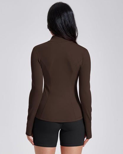 AVGO Womens Workout Jackets Lightweight Athletic Zip Up Jacket Slim Fit Running Gym Top with Pockets & Thumb Holes(Roasted Brown, L)