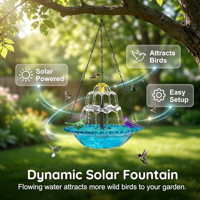 Solar Cascade Hanging Bird Bath Fountain, New Hanging Bird Bath with Flowing Water, Bird Bath Fountain Decorative Garden Yard Patio for Outdoor (Pink)