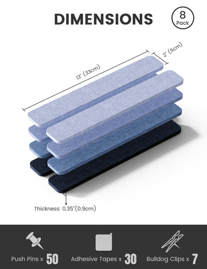 Fluxynara Cork Board Alternative Felt Strip Board 8-Pack 13"x2", Office Pin Board with 50 Push Pins, Adhesive Install for Bedroom Door & Home Office (Denim Mist)