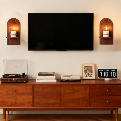 Walasis Mid Century Modern Candle Sconces: Set of 2 Walnut Boho Wall Candle Holder Decor for Living Room Fireplace - Arch Candle Shelf for Plants Pillars Candles