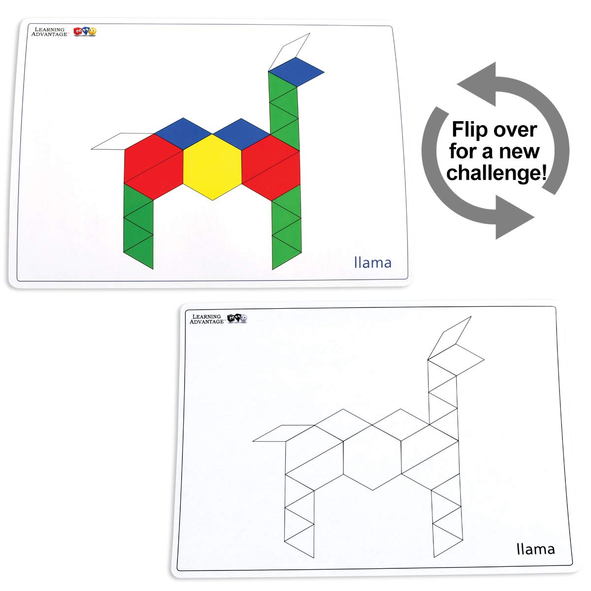 LEARNING ADVANTAGE Pattern Block Cards - Set of 20 Double-Sided Cards - Early Geometry for Kids - Teach Creativity, Sequencing and Patterning