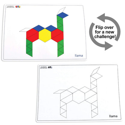 LEARNING ADVANTAGE Pattern Block Cards - Set of 20 Double-Sided Cards - Early Geometry for Kids - Teach Creativity, Sequencing and Patterning