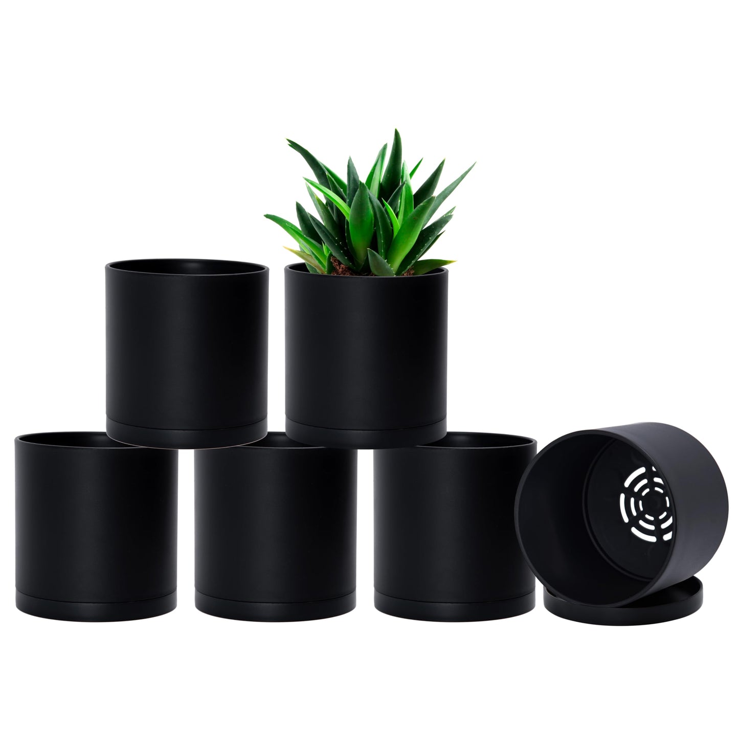 D'vine Dev 6 Pack 5 Inch Modern Plastic Plant Pots, Small Garden Planters for Plant with Drainage Holes and Saucers, Black Color, 74-Y-G-3