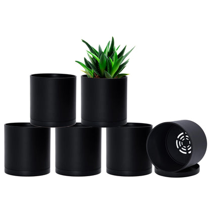 D'vine Dev 6 Pack 5 Inch Modern Plastic Plant Pots, Small Garden Planters for Plant with Drainage Holes and Saucers, Black Color, 74-Y-G-3