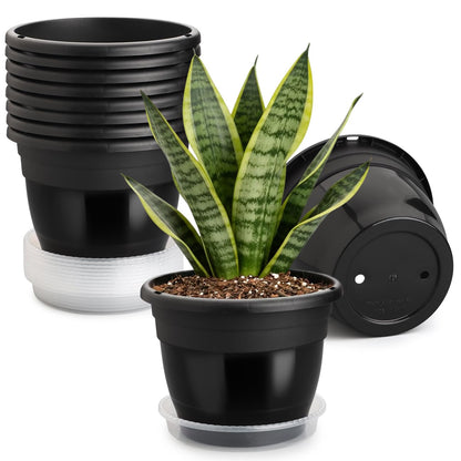 RooTrimmer 8 Inch Black Plastic Plant Pots Set of 10 with Clear Saucers – Durable Flower Pots with Drainage Holes for Indoor & Outdoor Plants