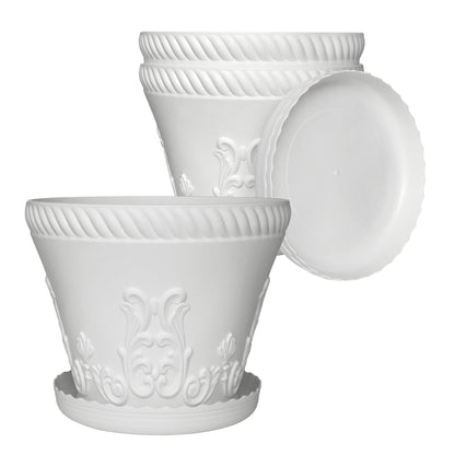 OUMUHE 11.4 Inch Plastic Planters with Drainage and Saucers, Set of 3, Decorative Flower Pots for Indoor Outdoor Use, Available in Terracotta & White (White)