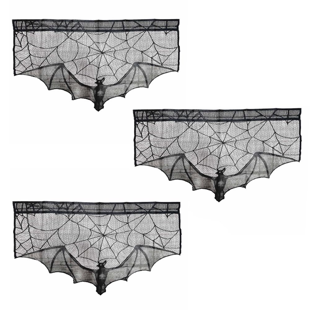 Ximimark 3 pcs Black Lace Halloween Gothic Bat Window Curtain, Spider Web Bats Witch Skeleton Door Curtain Panel Decor for Spooky Halloween Holiday Party Home Decoration, 23 * 36inch