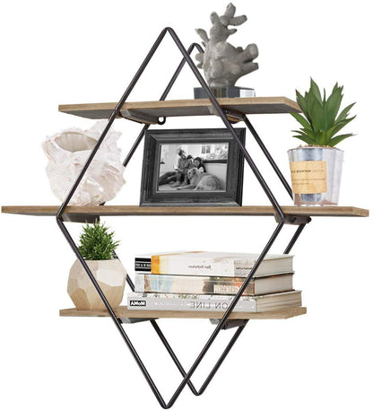 RiteSune Geometric Diamond Wall Shelves, 3 Tier Hanging Floating Display Shelf Decor for Bedroom Living Room Office, 24"X23.5"X6"
