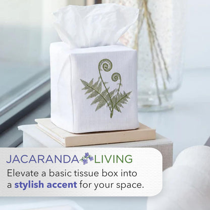 Jacaranda Living Square Tissue Box Cover, Linen/Cotton Fabric Tissue Holder, Decorative Cloth Tissue Cube Cover, Animal Designs Feathered Peacock (Turquoise, Pewter)