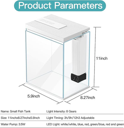 Pronetcus Betta Fish Tank, 2 Gallon Glass Aquarium Starter Kit, Small Fish Tank with Filter and Light.(White)