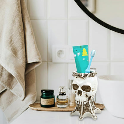 OOXYG Skull Toothbrush and Toothpaste Holder for Bathroom, Unique Skull Makeup Brush Holder, Resin Skeleton Pen Holder, Home Office Bathroom Halloween Decor