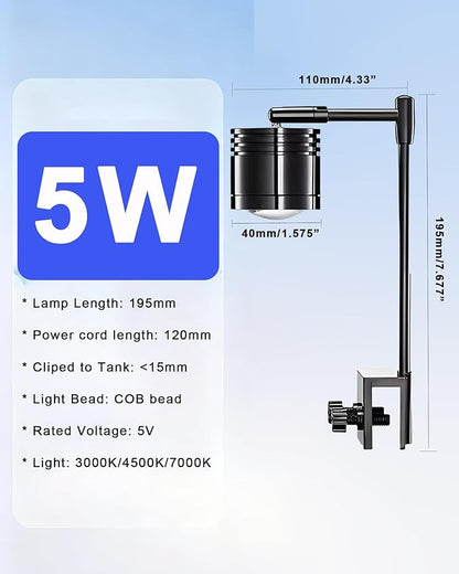 Aquarium LED Light, 5W Clip-on Fish Tank Lamp, 3 Colors, 7.7 Inch Fixed Arm, USB 5V Downlight