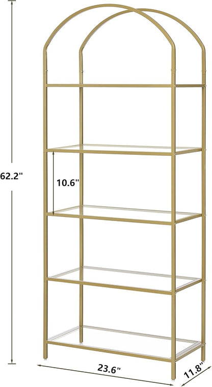 Homhedy Bookshelf Arched Display Racks,Metal Bookcase,Tempered Glass Shelves,Storage Rack Shelf for Home Office,Living Room,Bedroom, Bathroom,Modern Style (Golden, 11.8" D x 23.6" W x 62.2" H)