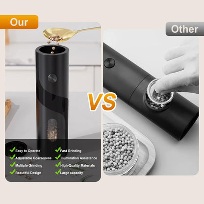 JIDSPWLS Electric Pepper or Salt Grinder Mill,Automatic Pepper Mill with LED Light,Battery Powered Automatic Pepper Grinder,Refillable and djustable CoarsAeness Pepper Grinder(1 pack Black)