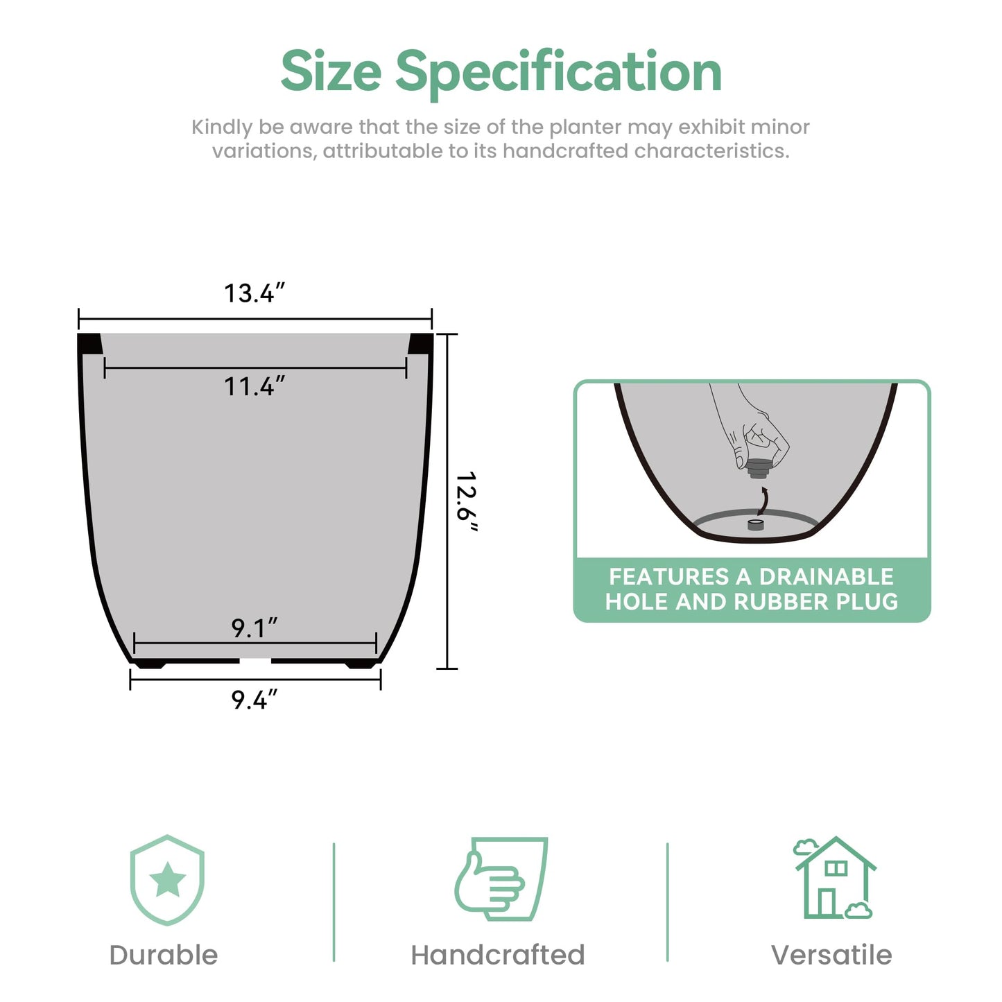 Humid Jade 13.4-Inch Dia Round Concrete Planter, Weathered Clay Speckled Plant Pot with Drainage Hole, Modern Stone Texture for Indoor Outdoor Use – Patio, Garden, Entryway, Ocean Teal Veil