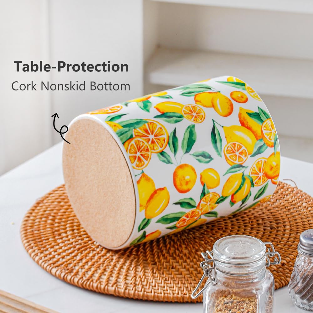 Kitchen Utensil Holder, 6.3" Ceramic Cooking Utensil Holder for Countertop, Large Utensil Crocks for Kitchen Counter Decor, Modren Utensil Organizer Decorative Fruit patterns (Yellow Lemon, 6.3 Inch)