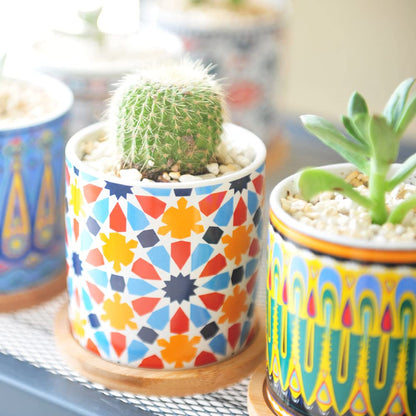Ascrafter 6 Pack Mandala Succulent Plant Pot with Bamboo Trays, Ceramic Multicolored Succulent Container Planter Pot for Small Plant