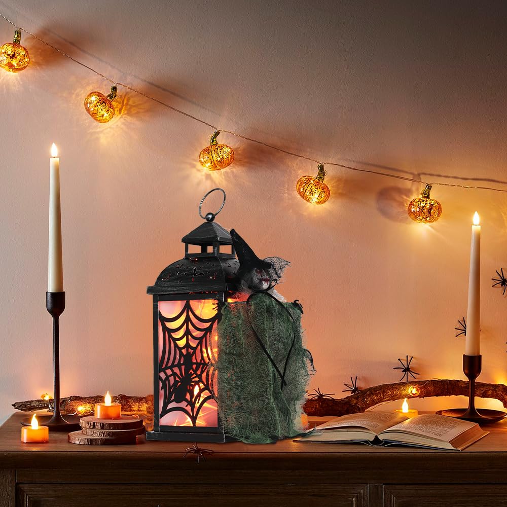 DECORKEY Halloween Decorations Indoor, 14.7" Spider Web Candle Glitter Lantern with LED Lights (8 Modes), Hanging Halloween Lanterns with Witch, Outdoor Home Room Table Party Hocus Pocus Decor