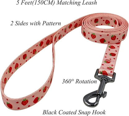 Dog Collar Leash Set, Fruit Pattern, Polyester Material, Adjustable Collar and 5ft Matching Leash, for Small Dogs.(S, Strawberry)