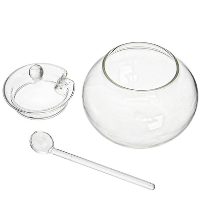 Frcctre Set of 2 Glass Sugar Bowl with Spoon and Lid, 11 Ounces Small Clear Salt Spice Pepper Seasoning Jar Condiment Container for Home Kitchen Coffee Bar