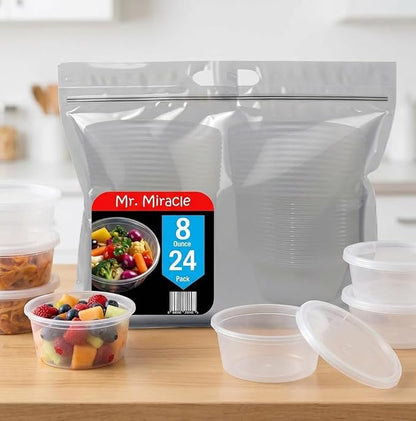 Mr Miracle 8OZ Deli Containers with Lids - 24 Pack of 8 oz Clear Airtight Reusable Plastic Food and Multi-Purpose Deli Containers - Microwave, Freezer, and Dishwasher Safe